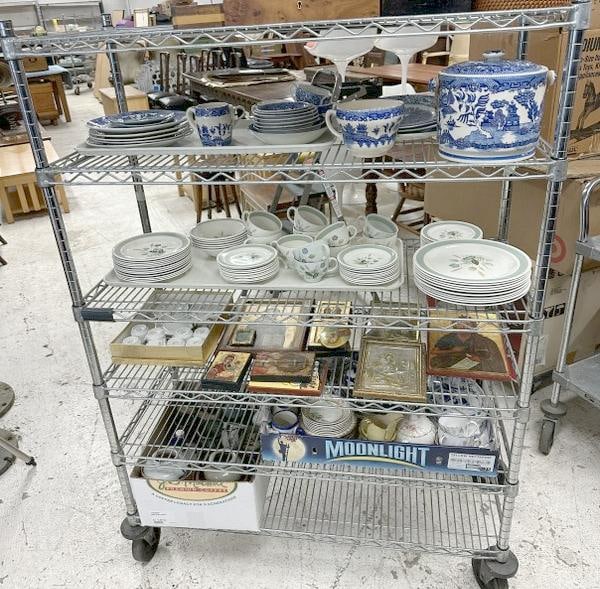 Estate cart lot porcelains, icons, pottery, small boxes, childs tea set, etc. Great lot for a dealer: Estate cart lot porcelains, icons, pottery, small boxes, childs tea set, etc. Great lot for a dealer to sort out….