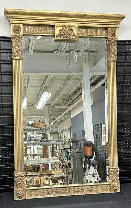 Nice decorative beveled mirror, nice condition, measures 50" high x 33.25" wide….nice detail with: Nice decorative beveled mirror, nice condition, measures 50" high x 33.25" wide….nice detail with lions heads and crest…