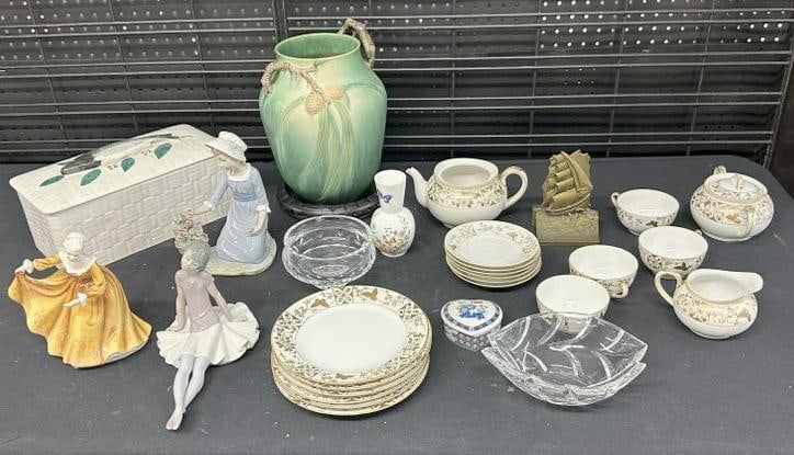 Estate lot misc. goods to include Roseville vase ( with repair ), Waterford, Bradley & Hubbard brass: Estate lot misc. goods to include Roseville vase ( with repair ), Waterford, Bradley & Hubbard brass ship bookends, (2) Lladros, Roya Doulton Woman, box with fish on top…...