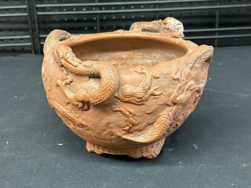 Japanese terra cotta vase with dragons, no markings, nice overall condition, measures 6.5" high x: Japanese terra cotta vase with dragons, no markings, nice overall condition, measures 6.5" high x 9.5" across.