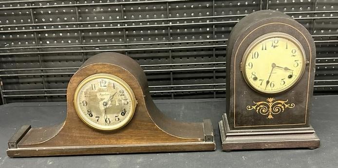 (2) estate mahogany mantel clocks, includes INGRAHAM & GILBERT, works intact, keys and: (2) estate mahogany mantel clocks, includes INGRAHAM & GILBERT, works intact, keys and pendulums….from NYC apartment.