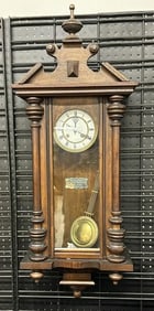 Antique Continental wall clock, pendulum intact, clean porcelain dial, measures 36" high, From NYC