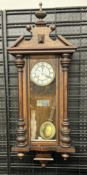 Antique Continental wall clock, pendulum intact, clean porcelain dial, measures 36" high, From NYC: Antique Continental wall clock, pendulum intact, clean porcelain dial, measures 36" high, From NYC apartment. Missing small piece of trim bottom left side.
