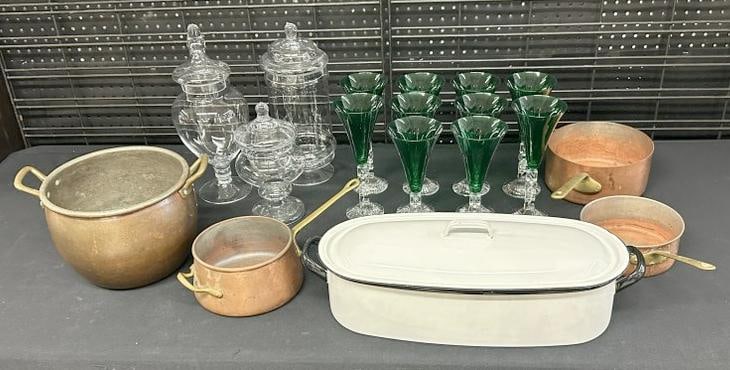 Misc. lot estate kitchenwares, etc. to include green stemware with NOEL on stems, porcelain covered: Misc. lot estate kitchenwares, etc. to include green stemware with NOEL on stems, porcelain covered pan, copper wares, and covered jars. Overall nice estate condition.