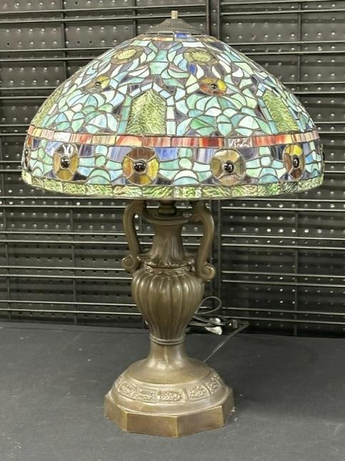 Contemporary leaded glass table lamp, nice condition, no finial, from local house. Shade measures: Contemporary leaded glass table lamp, nice condition, no finial, from local house. Shade measures approx. 17.5" across. Measures 26" high.