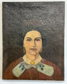 18th or 19th c o/c portrait of Woman, unsigned, aged paint crackling throughout, painting measures