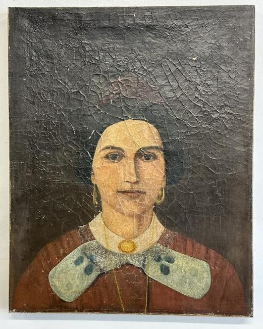 18th or 19th c o/c portrait of Woman, unsigned, aged paint crackling throughout, painting measures: 18th or 19th c o/c portrait of Woman, unsigned, aged paint crackling throughout, painting measures 20" x 16", some small paint flakes, from estate in Hudson Valley.