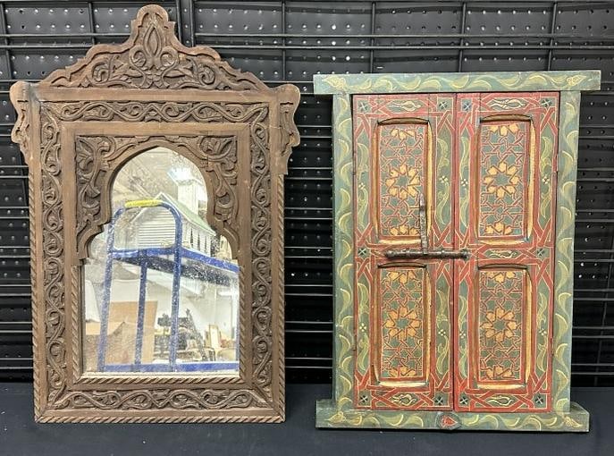 Moroccan (?) carved mirror and painted door frame with (2) doors that open. Mirror measures 28" x: Moroccan (?) carved mirror and painted door frame with (2) doors that open. Mirror measures 28" x 17" and the door frame measures 24" x 18".