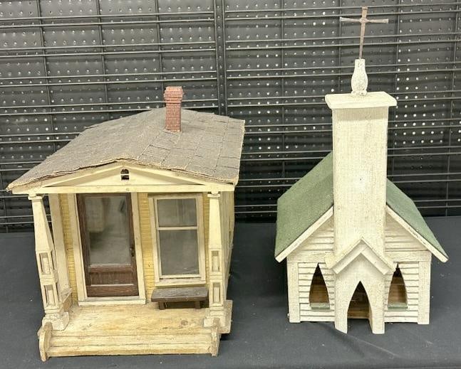 (2) older folkart handmade buildings, a house and Church, found in Hudson Valley estate. Nice: (2) older folkart handmade buildings, a house and Church, found in Hudson Valley estate. Nice overall condition, wonderful patina to paint and wood….the Church measures 23" high x 16" deep x 12" wid