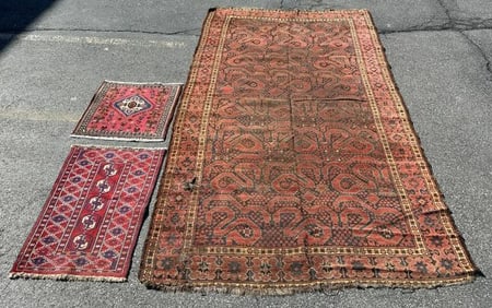(3) handmade estate oriental rugs, the larger has a few holes, some wear, but was used till now, and