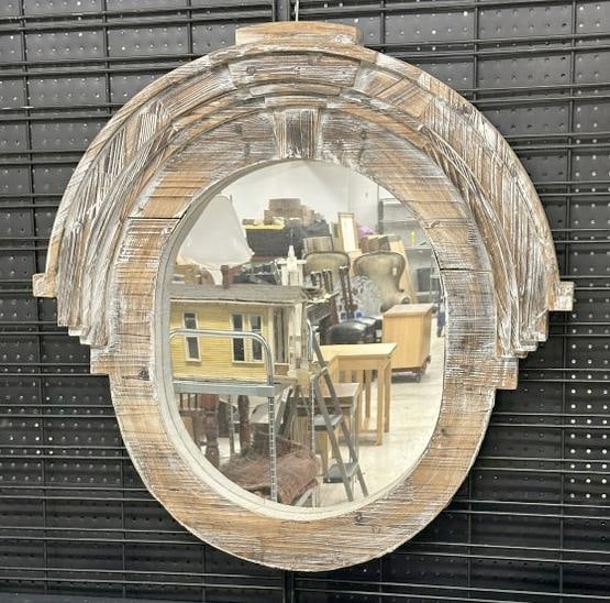 Contemporary wood with washed patina decorative mirror, nice condition, measures 35" high x 35" wide: Contemporary wood with washed patina decorative mirror, nice condition, measures 35" high x 35" wide x 3.5" deep.