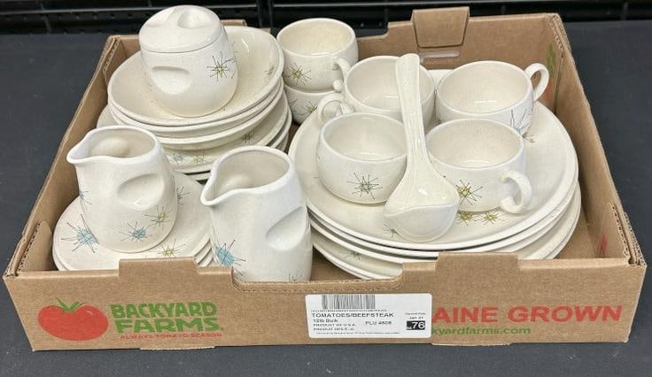 Estate lot of FRANCISCAN Starburst Atomic ( 1954-1968 ), dishes, nice condition, includes 5 dinner: Estate lot of FRANCISCAN Starburst Atomic ( 1954-1968 ), dishes, nice condition, includes 5 dinner plates, 4 salad plates, 3 bowls, 5 saucers, 6 cups, ladle, sugar & creamer and small pitcher.
