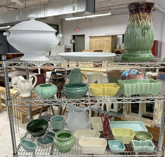 (29) pcs. Art pottery & a few pieces of ironstone, overall good estate condition. Great lot for a: (29) pcs. Art pottery & a few pieces of ironstone, overall good estate condition. Great lot for a dealer to sort out…