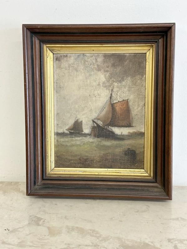 Circa 1900 o/b seascape with ships, unsigned, in walnut Victorian frame, the painting measures 10" x: Circa 1900 o/b seascape with ships, unsigned, in walnut Victorian frame, the painting measures 10" x 8", the frame measures 14" x 12". From Hudson Valley estate.