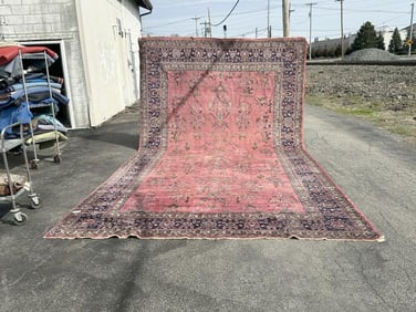 Large handmade estate oriental rug, has wear to the pile in some places, from clean non smoking