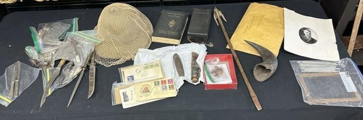 Misc. estate lot to include early safari hat with mesh net, horn, some ephemera, silver plate: Misc. estate lot to include early safari hat with mesh net, horn, some ephemera, silver plate flatware piecesm camera, some kind of arrowm etc. Good lot for a dealer to sort out….