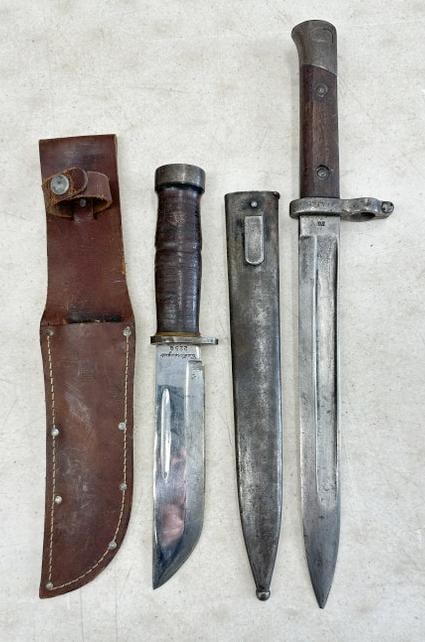 Vintage Military (2) pc. Bayonet & fixed blade knife with sheath ( made by CATTARAUGUS ) has number: Vintage Military (2) pc. Bayonet & fixed blade knife with sheath ( made by CATTARAUGUS ) has number 2250 under name, measures 10 5/8" long, nice condition, the bayonet has sheath, measures 14 7/8" lon