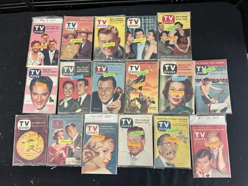 (17) mid 1950's T V GUIDES, nice overall condition, celebrity covers including Groucho, Liberace,: (17) mid 1950's T V GUIDES, nice overall condition, celebrity covers including Groucho, Liberace, etc. From estate of old time ephemera dealer in Hudson Valley, lots of her items still have inventory 