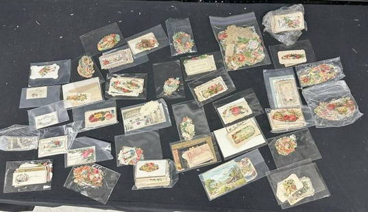 Hundreds & Hundreds of Victorian era die cuts, Rewards of Merit cards, Greetings and related, all: Hundreds & Hundreds of Victorian era die cuts, Rewards of Merit cards, Greetings and related, all separated by her ans in sleeves...just as we found them. From estate of old time ephemera dealer in