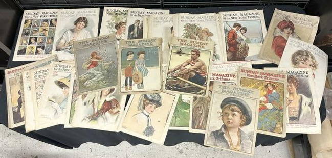 (59) ( SUNDAY MAGAZINE - THE NEW YORK TRIBUNE ), from circa 1904 to teens mostly, wonderfully: (59) ( SUNDAY MAGAZINE - THE NEW YORK TRIBUNE ), from circa 1904 to teens mostly, wonderfully illustrated covers, most all covers intact, a few loose, some tattered, just as we found them. From