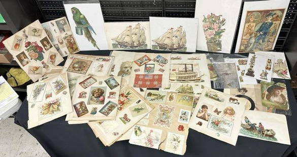 Hundreds & Hundreds of Victorian die cuts, some on album pages, good variety, just as we found them,: Hundreds & Hundreds of Victorian die cuts, some on album pages, good variety, just as we found them, From estate of old time ephemera dealer in Hudson Valley, lots of her items still have inventory