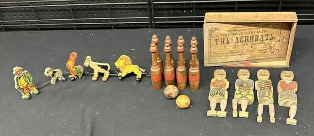 Vintage TOY lot including 8 pin game with (2) balls, (5) litho Man & animals train on wheels, and as