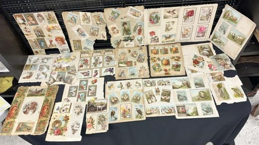 Hundreds & Hundreds of Victorian era TRADE CARDS, DIE CUTS & LITHOGRAPHS, on scrapbook album pages,
