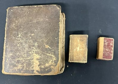 (3) early BIBLES in found condition, wear to leather covers, as pictured. Larger title page not in