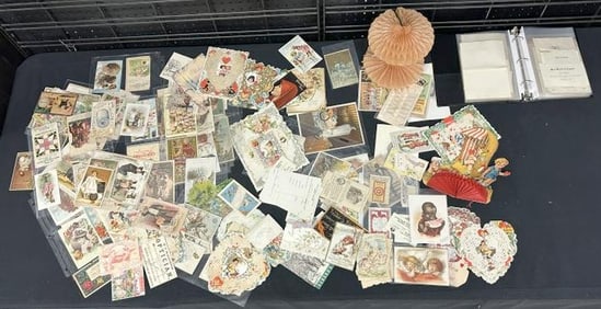 Lot of Victorian era TRADE CARDS, album with INVITATIONS, VALENTINES including fold outs, etc. Great