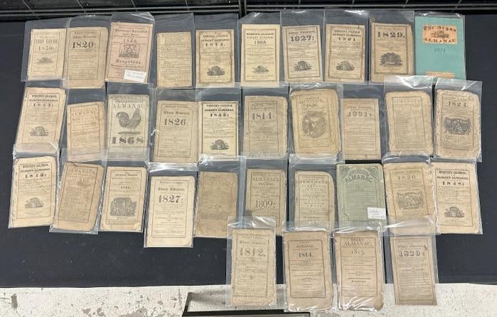 ( 34 ) early almanacs, dated from 1792 to 1879, covers are in typical worn condition. From estate of: ( 34 ) early almanacs, dated from 1792 to 1879, covers are in typical worn condition. From estate of old time ephemera dealer in Hudson Valley, lots of her items still have inventory tags, description