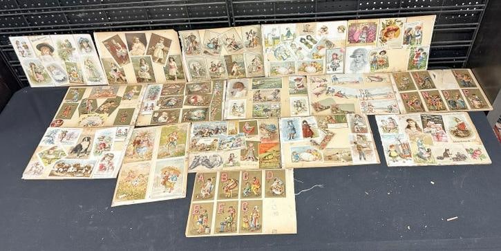 Hundreds of Victorian TRADE CARDS & LITHOS on album pages, most double sided, a few are not…..From: Hundreds of Victorian TRADE CARDS & LITHOS on album pages, most double sided, a few are not…..From estate of old time ephemera dealer in Hudson Valley, lots of her items still have inventory tags, d