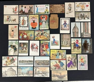 ( 37 ) Mixed & interesting POSTCARD lot, includes ( (4) hold to light cards, (2) leather, (3) R F