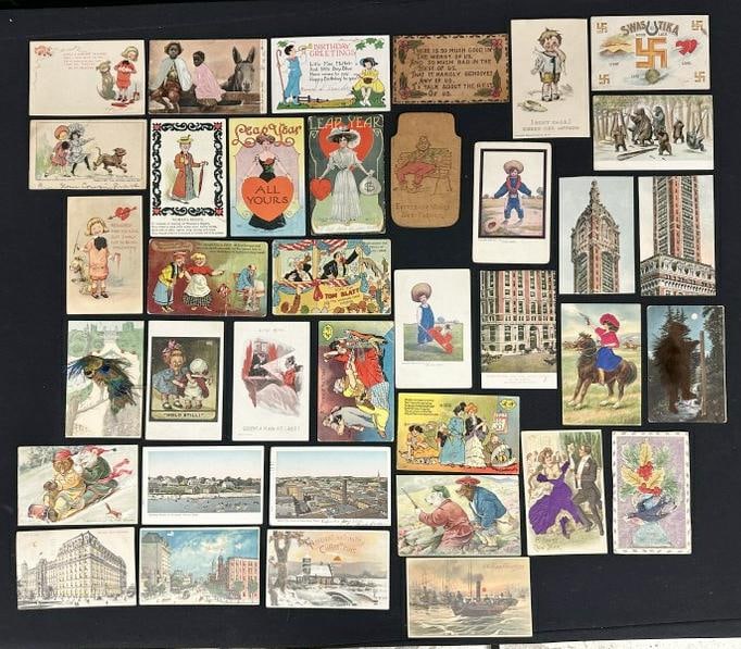 ( 37 ) Mixed & interesting POSTCARD lot, includes ( (4) hold to light cards, (2) leather, (3) R F (1 of 6)