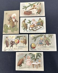 (6) Circa 1900 CHRISTMAS POSTCARDS with Pinecone Figures, nice condition….hard to find