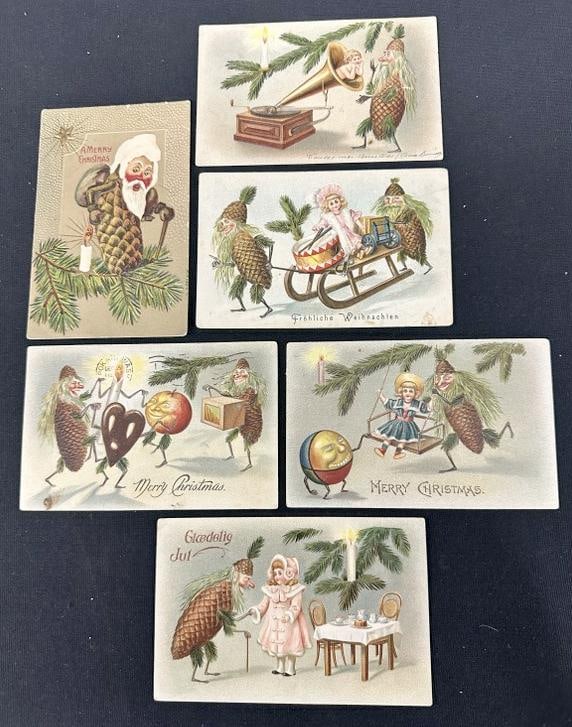 (6) Circa 1900 CHRISTMAS POSTCARDS with Pinecone Figures, nice condition….hard to find (1 of 2)