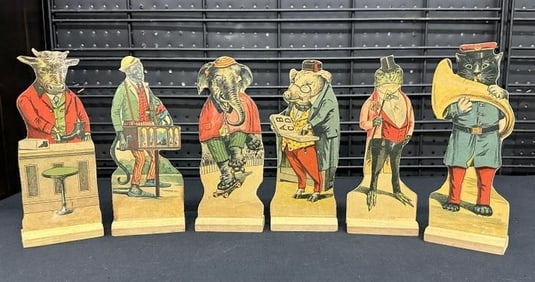 (6) Litho Ten Pin animal figures, nice condition, turn of century....measure approx. 9.5" high. From