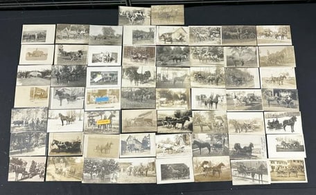 ( 58 ) RPPC of horse drawn carriages, a few sleds and one plow…..great lot for a dealer to sort