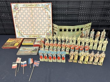 Nice lot antique toy games in boxes & litho Military game figures…...( 2 ) soldiers with heads