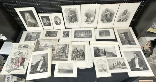 Fine lot of 23 Copperplate, steel engravings, and photogravures of personalities and scenes. ( a few