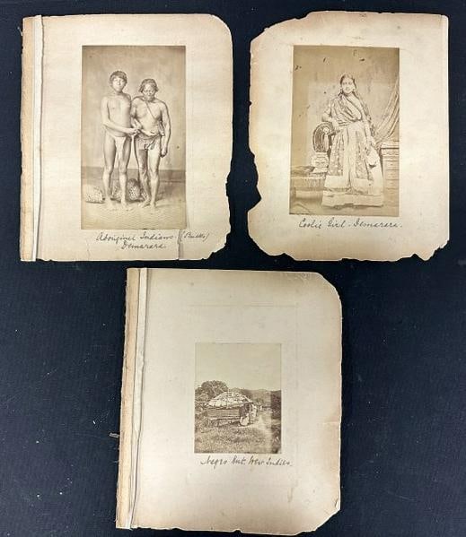 Group of seven 19th century images on loose album pages. Aboriginal Indians, Demarara;: Group of seven 19th century images on loose album pages. Aboriginal Indians, Demarara; ArtilleryBarracks, Barbados (2 images); St. John’s Antiqua, W.I.; Coolie Girl, Demarara; Negro Hut, West Indies