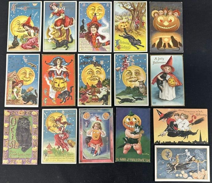 ( 16 ) early HALOWEEN POSTCARDS with Black Cats, Witches & Jack O Lanterns….nice overall: ( 16 ) early HALOWEEN POSTCARDS with Black Cats, Witches & Jack O Lanterns….nice overall condition. From Postcard collection from home in Hudson Valley, her best cards, she cherished as she collecte
