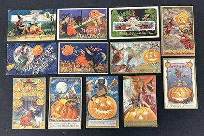 ( 12 ) early high end HALLOWEEN POSTCARDS, with Witches & Black Cats,,,,in nice overall condition,
