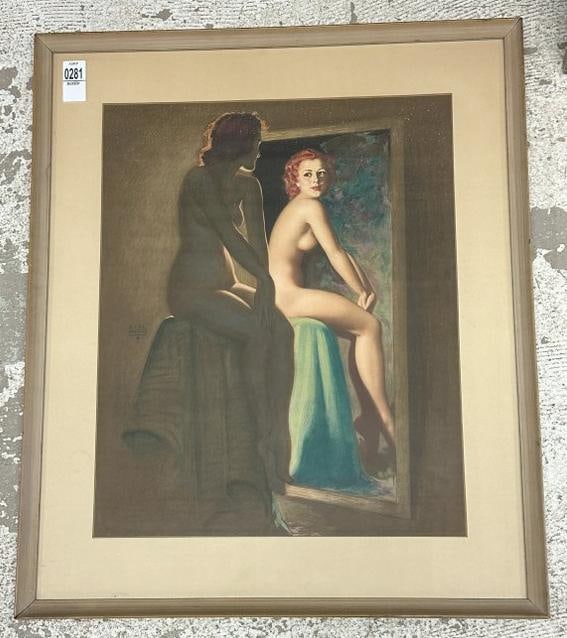 EARL MORAN period pin up girl print, in frame, nice condition ( inside of glass can be cleaned ),: EARL MORAN period pin up girl print, in frame, nice condition ( inside of glass can be cleaned ), measures 19" x 15", the frame measures 25" x 21".