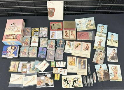 PIN UP GIRL lot to include playing cards ( some vintage, more contemporary ), VARGAS bubble gum with: PIN UP GIRL lot to include playing cards ( some vintage, more contemporary ), VARGAS bubble gum with box, postcards, desk top calendar, some pocket knoves with pin up girls, matchbooks….etc….