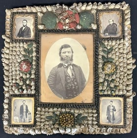 Incredible Folk Art Sailor's Valentine Seashell Frame Featuring Original Civil War Albumen