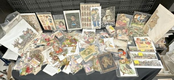 BIG lot Misc. Ephemera, a lot there ! TRADE CARDS, LITHOS, VALENTINES, CHRISTMAS, DIE CUTS,  etc...a