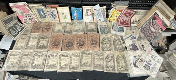 Big Ladies ephemera lot to include Fashion prints, knitting & crocheting ephemera, 19th c ARTHUR'S