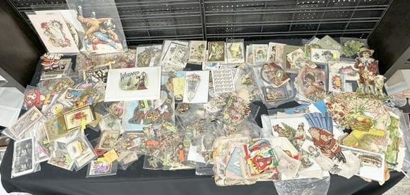 Big misc. ephemera lot to include DIE CUTS, LITHOS, VALENTINES, SANTAS, HOLIDAY POSTCARDS, & related