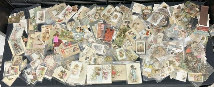 BIG lot misc. ephemera to include DIE CUTS, LITHOS, TRADE CARDS, VALENTINES, POSTCARDS, and related,