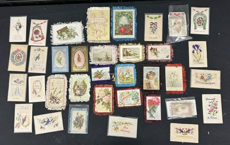 Lot of embroidered & related POSTCARDS, turn of the century, Holiday, Greeting, etc. Good overall